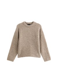 Beżowy sweter z dzianiny o okrągłym dekolcie, długich rękawach i teksturowanej powierzchni. Luźny krój z prążkowanymi krawędziami.