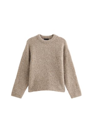 Beige gebreide trui met een ronde halslijn, lange mouwen en een gestructureerd oppervlak. Casual pasvorm met ribgebreide randen.