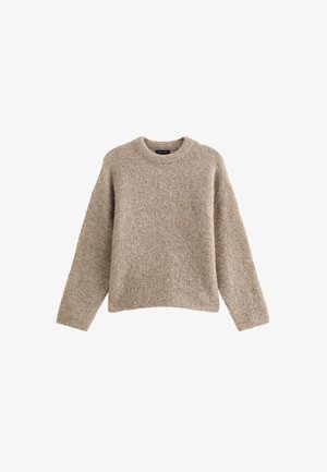 Beige gebreide trui met een ronde halslijn, lange mouwen en een gestructureerd oppervlak. Casual pasvorm met ribgebreide randen.