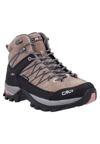Braun und schwarze wasserdichte Wanderschuhe mit hohem Knöcheldesign, ausgestattet mit Netzpanelen, grauen Schnürsenkeln und einer strukturierten Gummisohle für besseren Halt.