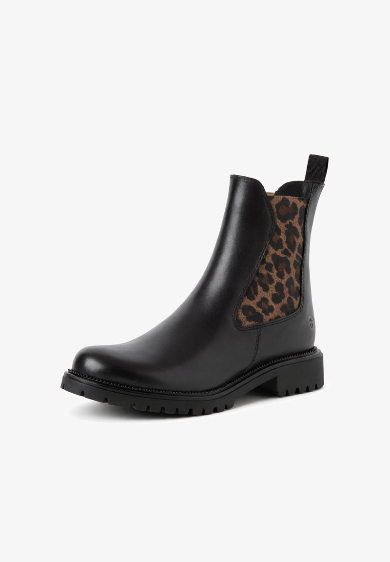 Botte Chelsea en cuir noir avec semelle épaisse, panneau élastique à imprimé léopard sur le côté, bout arrondi et languette à l'arrière.