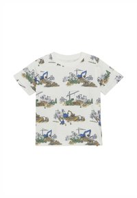 Weißes Baumwoll-T-Shirt mit sich wiederholenden Grafiken von Baumaschinen in Blau, Grün und Gelb, mit Rundhalsausschnitt und kurzen Ärmeln.