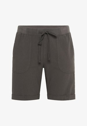 Shorts gris foncé en tissu doux, avec une taille à cordon et des poignets roulés. Dispose de deux poches latérales et d'un design simple.