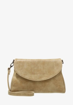 Jasnobrązowa skórzana kopertówka na nadgarstek z klapką i odpinanym paskiem, tłoczona logo "Fritzi aus Preußen".