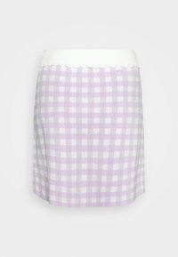 Lila och vit rutig kjol med en vit scalloped midjeband. Tyget verkar slätt med en lätt textur. Justerbar passform vid midjan.