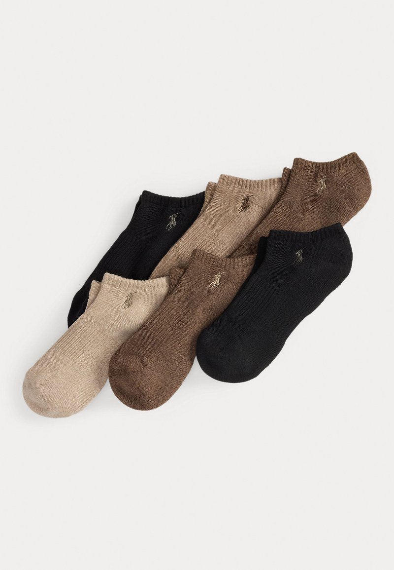 Sæt med seks ankelstrømper i beige, brun og sorte nuancer. Ribbet tekstur med et lille logo prægede på hver strømpes side.