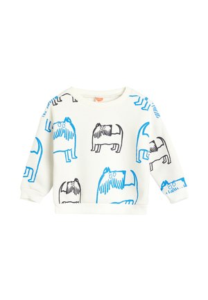 Sudadera blanca con estampados de perros azules y negros, cuello redondo y mangas largas. Tejido suave con puños y dobladillo acanalados.