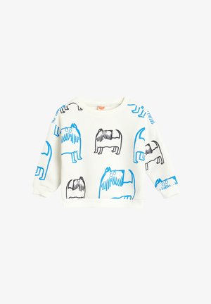 Biała sweatshirt z niebieskimi i czarnymi nadrukami psów, okrągły dekolt, długie rękawy. Miękka tkanina z ściągaczami przy mankietach i u dołu.