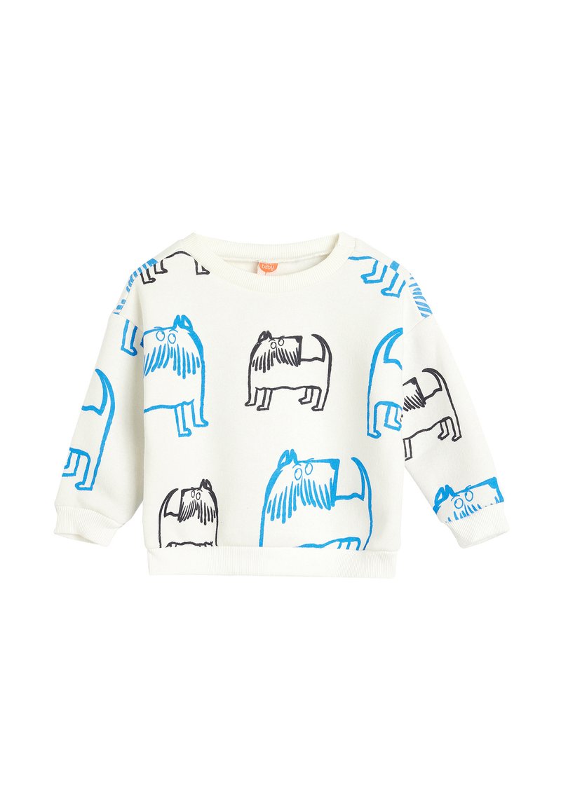 Sudadera blanca con estampados de perros azules y negros, cuello redondo y mangas largas. Tejido suave con puños y dobladillo acanalados.