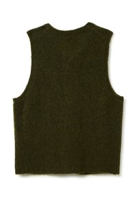 Gebreide mouwloze vest in donkergroen olijf. Geribbeld textuur aan de onderrand, zacht materiaal zonder zichtbare sluitingen of versieringen.