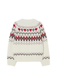 Strickpullover in Creme mit einem bunten Fair-Isle-Muster aus Herzen und Diamanten in Rot, Schwarz und Pink. Rippbündchen an den Ärmeln und am Saum.