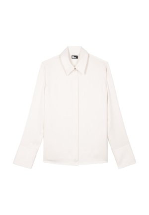 Langärmliges weißes Hemd mit Kragen, verdeckten vorderen Knöpfen und weiten Manschetten, dargestellt vor einem schlichten weißen Hintergrund.