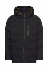 Marine gewatteerde jas met capuchon, ritsluiting, twee voorzakken en een ritszak op de borst. Heeft een gladde textuur en een modern ontwerp.