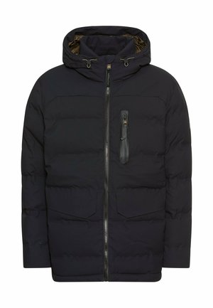 Marineblå polstret jakke med hætte, lynlåslukning, to forlommer og en lynlåslomme på brystet. Har en glat tekstur og et moderne design.