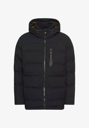 Navy padded jacket with a hood, zip closure, two front pockets, and a zippered chest pocket. Features a smooth texture and a modern design.