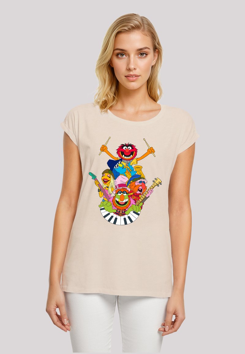 Short-sleeve beige T-shirt made of cotton, featuring a colorful cartoon design with musical characters and instruments.