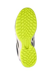 Suola di scarpa con motivo testurizzato in gomma gialla brillante, con un bordo superiore nero e bianco per una maggiore trazione e flessibilità.