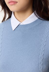 Närbild av en person som bär en ljusblå kabelstickad tröja över en vit skjorta med krage, med hals och nedre del av ansiktet synliga.