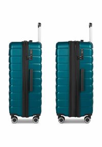 Taschen mit fester Schale in teal mit einem strukturierten vertikalen Streifenmuster, schwarzem Reißverschluss und Griff, vier Rollen für Mobilität.