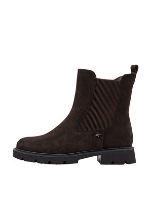 Mørkebrune ruskind Chelsea-støvler med sort chunky sål, elastisk sidepanel og trækflig bagpå.