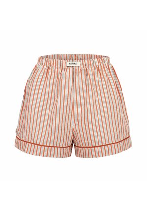 Casualowe spodenki w paski w kolorach pomarańczowym, białym i niebieskim, z elastycznym pasem i małą metką marki na środku przodu.