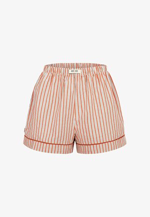 Casualowe spodenki w paski w kolorach pomarańczowym, białym i niebieskim, z elastycznym pasem i małą metką marki na środku przodu.