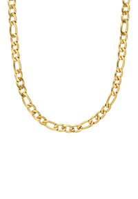 Gouden ketting met in elkaar grijpende schakels. De schakels zijn ovaal en rond van vorm en hebben een gladde, gepolijste afwerking.