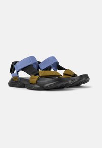Sport sandals with a black rubber sole, blue and black textile straps, and olive-green central strap. Adjustable straps for secure fit.