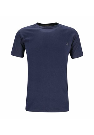 Schlichtes dunkelblaues kurzärmeliges T-Shirt mit rundem Ausschnitt und einem kleinen, dezenten Logo auf der linken Brust.