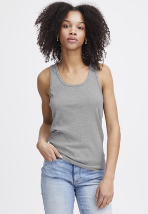 Gray ribbed tank top with a rounded neckline and wide shoulder straps, paired with light blue jeans, showcasing a casual, fitted design.