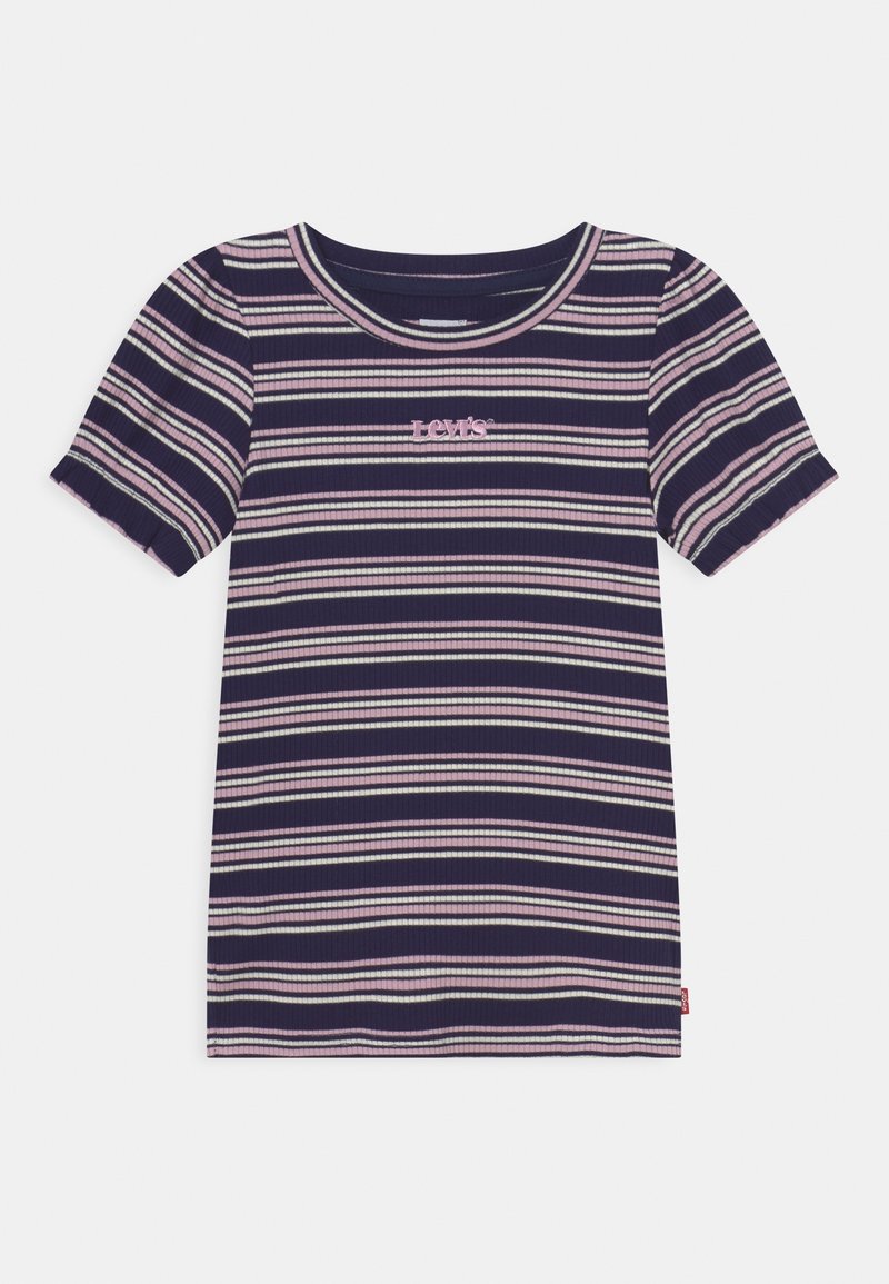 T-shirt côtelé bleu marine à manches courtes avec des rayures horizontales roses et blanches, col rond et petit logo Levi’s centré sur la poitrine.