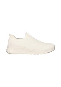 Chaussure de sport blanche à enfiler avec tige tricotée, semelle amortissante et languette au talon, présentée de profil sur fond blanc.
