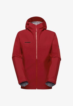 Rode waterdichte jas met capuchon, voorrits, ritssluiting aan de zijzakken en Mammut-logo op de borst en mouw.