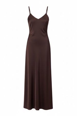 Brown satin slip dress with thin spaghetti straps and a V-neckline, featuring a long, flowing silhouette.