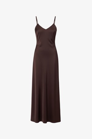 Brown satin slip dress with thin spaghetti straps and a V-neckline, featuring a long, flowing silhouette.