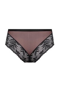 Czarne koronkowe haflowe majtki typu hipster z kwiatowym wzorem i przezroczystą siateczką. Posiadają falbaniasty brzeg i miękki, elastyczny pas.