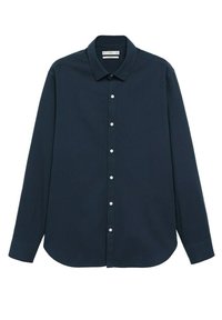 Camicia blu navy a maniche lunghe con colletto a punta e bottoni bianchi, design semplice, vestibilità su misura.