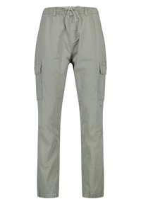 Vaaleanvihreät cargo-housut, joissa on joustava vyötärö, nyörit, sivutaskut ja kapenevat lahkeet. Valmistettu kevyestä kankaasta.