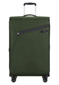 Valise vert foncé avec une texture à rainures verticales, poche zippée à l'avant, poignée télescopique et quatre roulettes à roulement lisse.