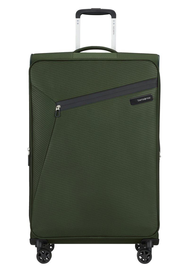 Valise vert foncé avec une texture à rainures verticales, poche zippée à l'avant, poignée télescopique et quatre roulettes à roulement lisse.