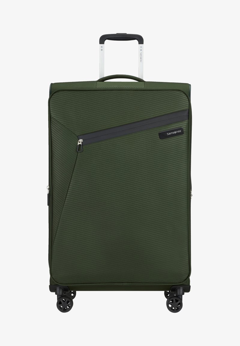 Valise vert foncé avec une texture à rainures verticales, poche zippée à l'avant, poignée télescopique et quatre roulettes à roulement lisse.