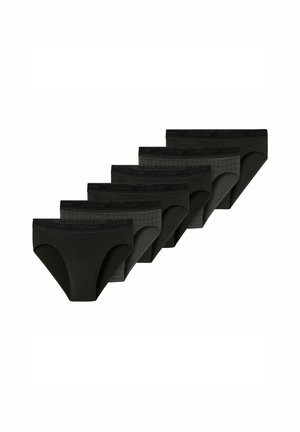 Six black men's briefs arranged in a row, featuring solid, checkered, and mesh patterns with branded waistbands.