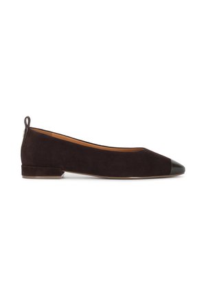 Black suede flat shoe with low heel and black shiny toe cap, featuring a pull tab at the heel and a tan inner lining.
