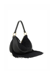 Borsa nera con una silhouette curva, caratterizzata da un corpo in pelle texturizzata, dettagli in suede, hardware dorato e frange che cadono.