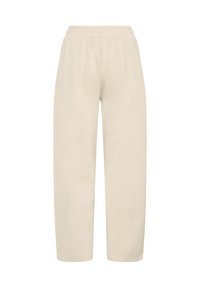 Pantaloni beige a gamba larga con cintura elasticizzata; realizzati in un tessuto morbido e leggermente strutturato, con un design semplice senza motivi.