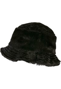 Pălărie tip bucket din fuză neagră cu o textură moale, având o margine lată și ușor evazată, cu detalii stratificate pe margine.