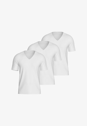 Three white v-neck t-shirts displayed in a row. Short sleeves and a smooth texture. Simple design with no visible patterns or accents.