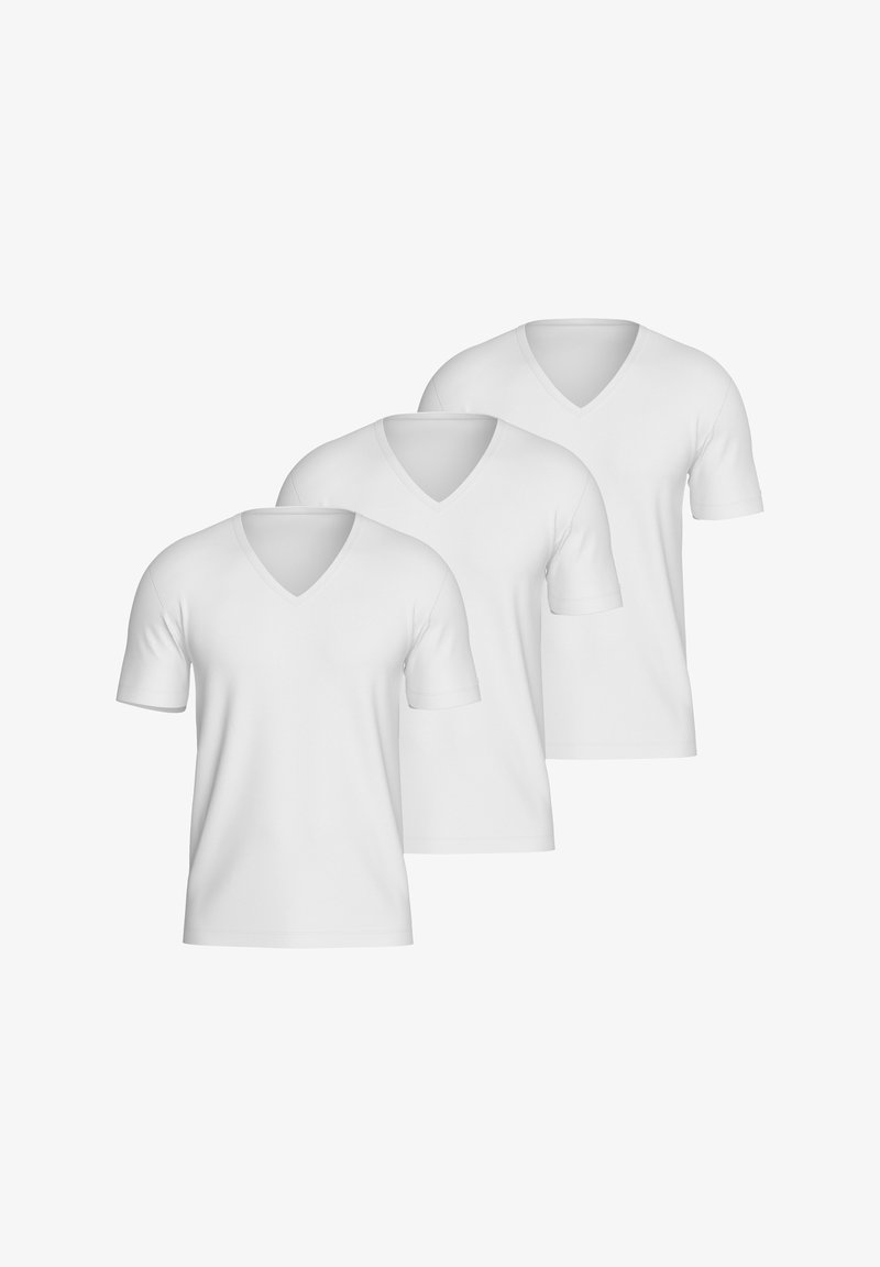 Trzy białe koszulki typu v-neck wyeksponowane w rzędzie. Krótkie rękawy i gładka struktura. Prosty design bez widocznych wzorów czy akcentów.