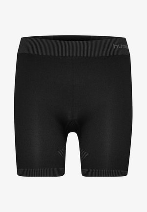 Zwarte sportshorts met een gladde textuur, een elastische tailleband met subtiele strepen en versterkte naden voor comfort en duurzaamheid.