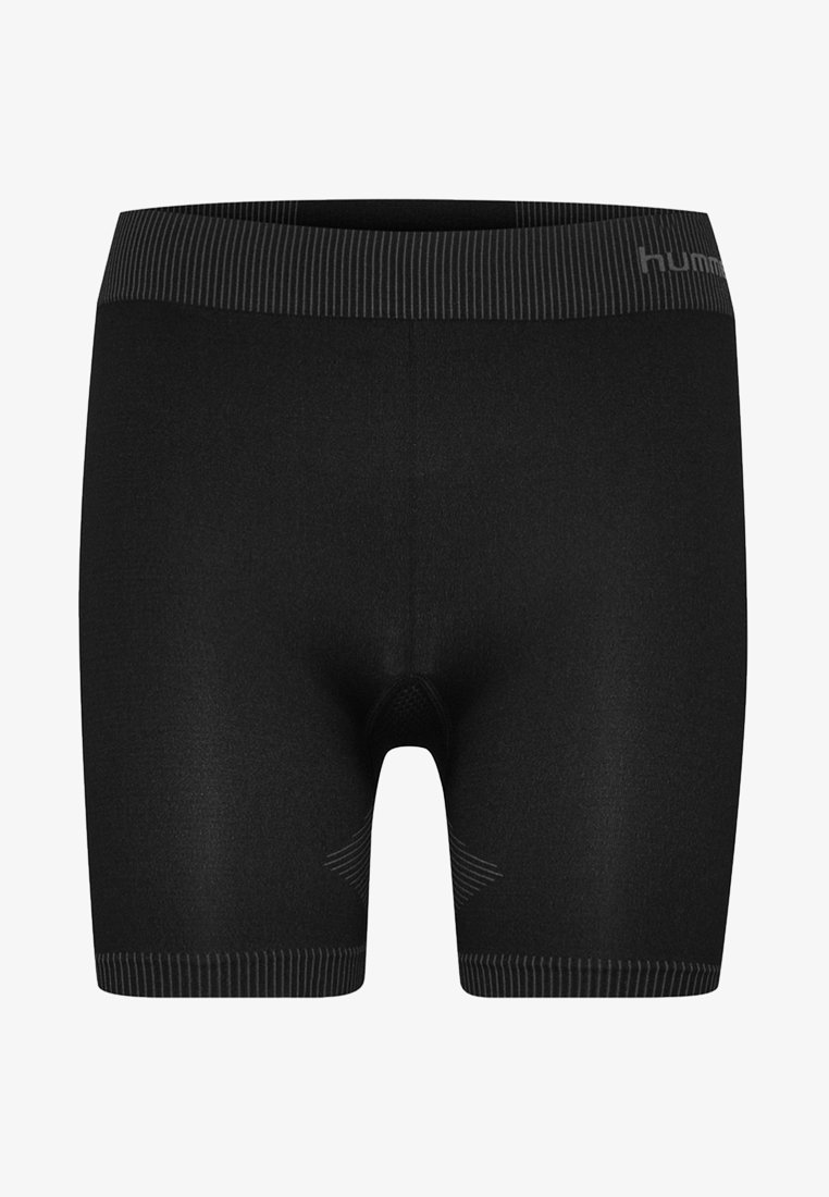 Schwarze Sportshorts mit glatter Textur, elastischem Bund mit dezenten Streifen und verstärkten Nähten für Komfort und Langlebigkeit.
